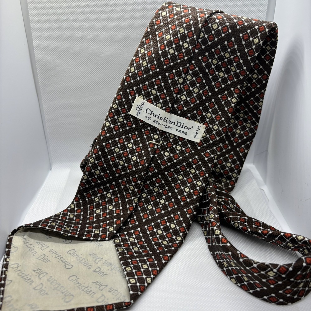 Christian Dior Necktie Brown Geometric Diamond Pattern Men's Tie 70s Disco Retro - Picture 4 of 8